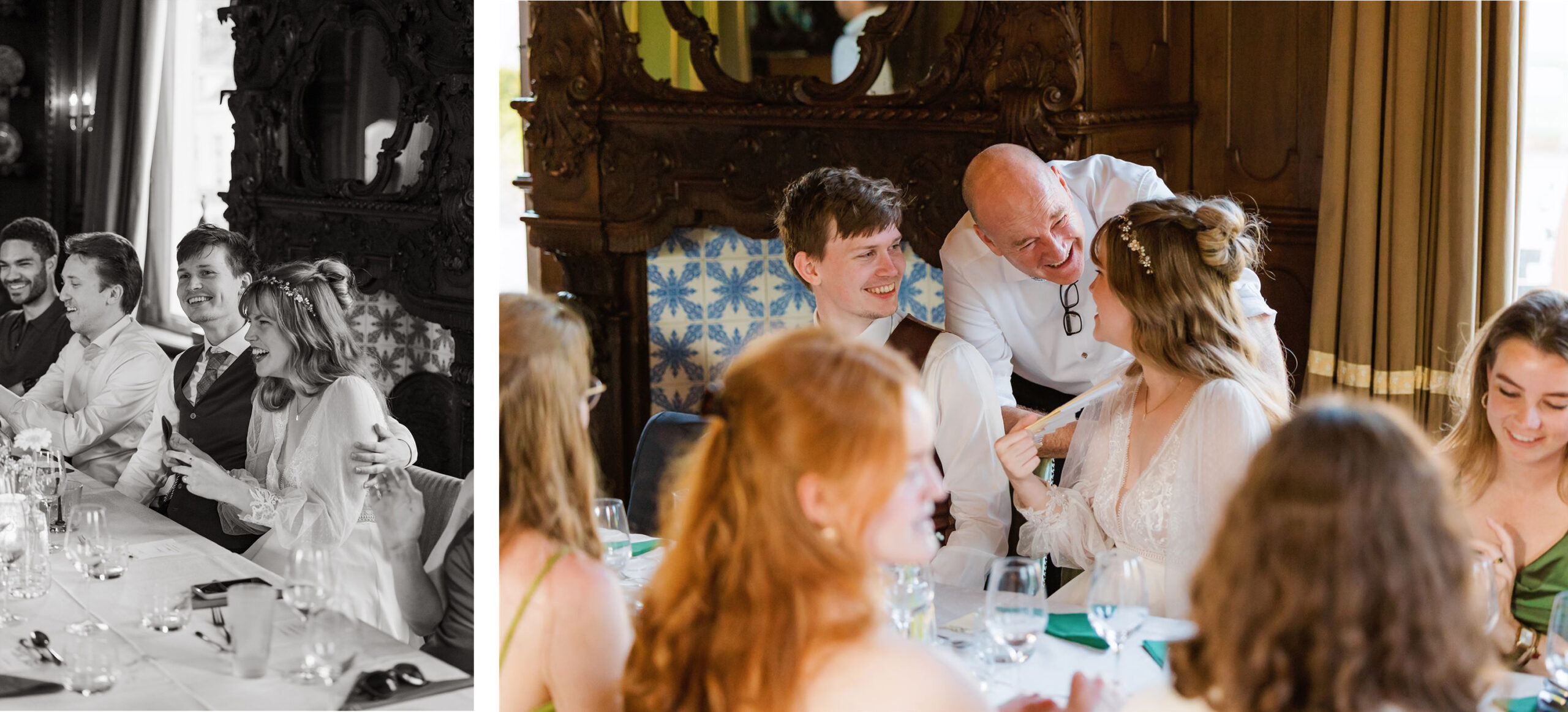 Een groep formeel geklede mensen lacht en praat samen aan de dinertafel van een huwelijksreceptie.