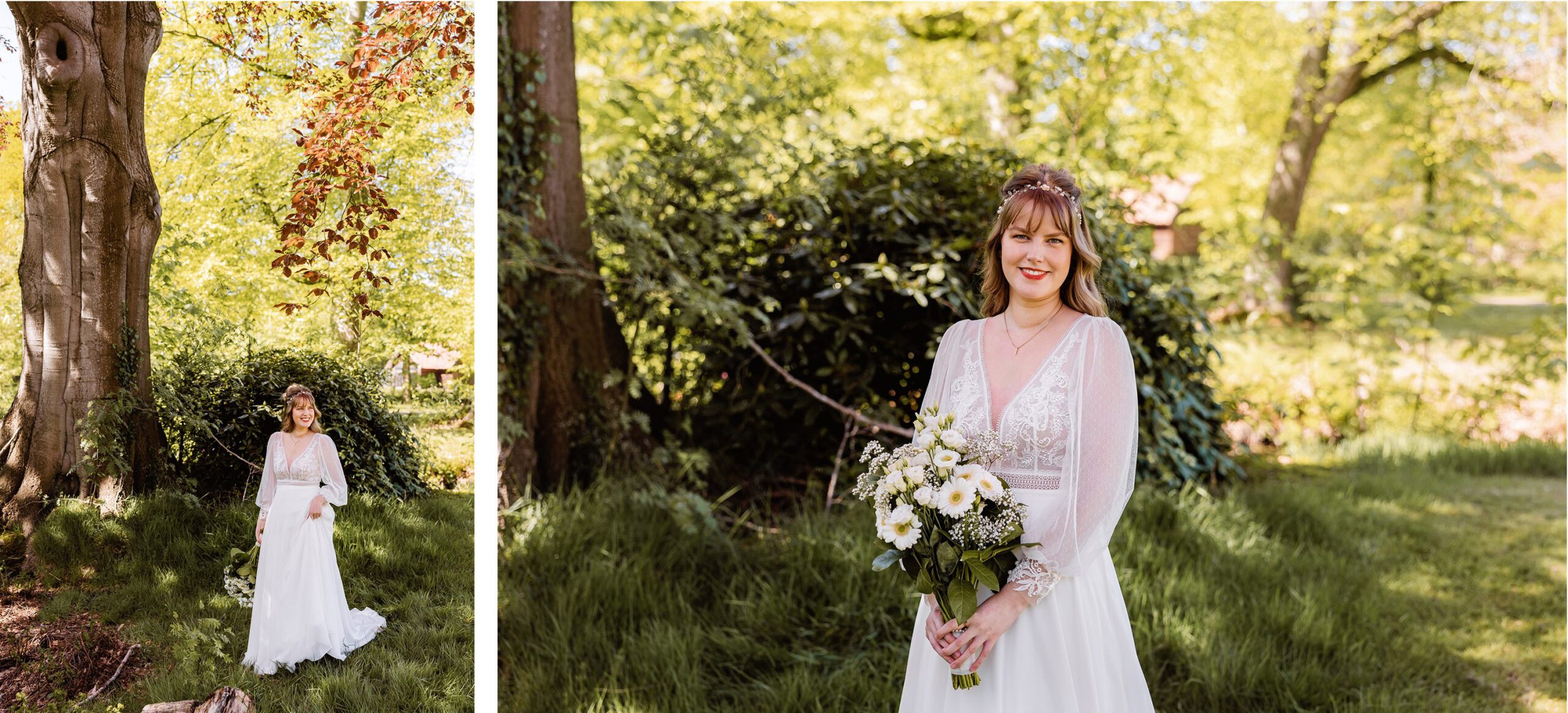 Een bruid in een witte jurk staat onder een boom in de borgtuin van Nienoord en houdt een boeket witte bloemen vast.