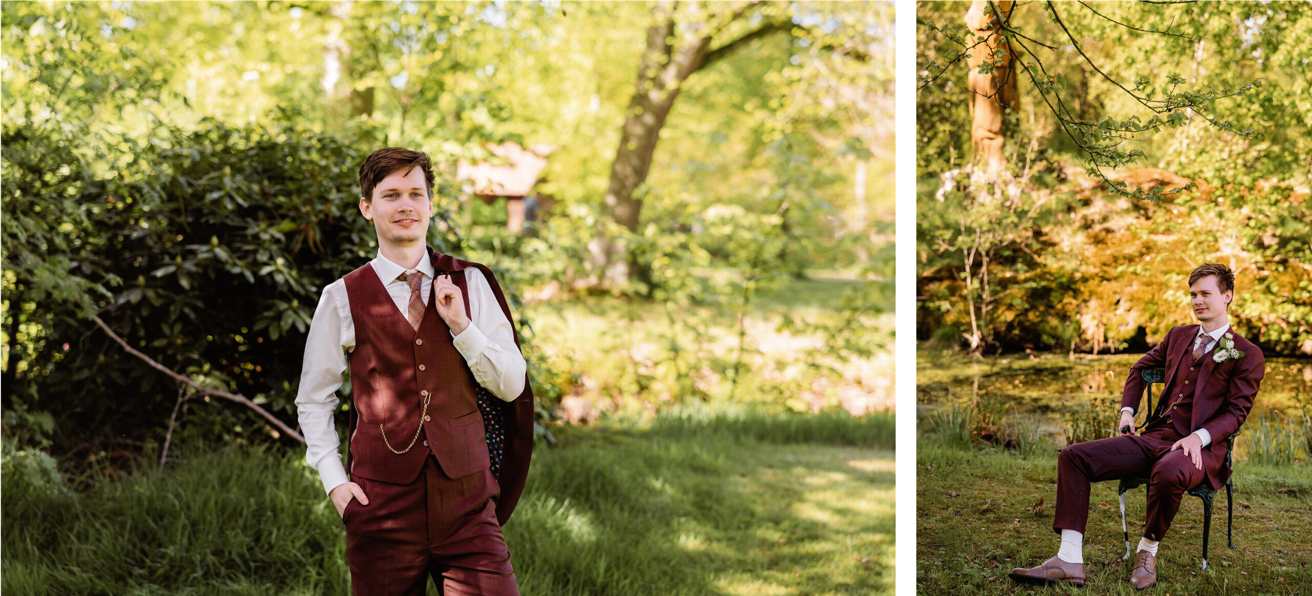 Een man in een bordeauxrood pak poseert buiten, staand en zittend in een weelderige, groene, zonovergoten tuin in Leek.