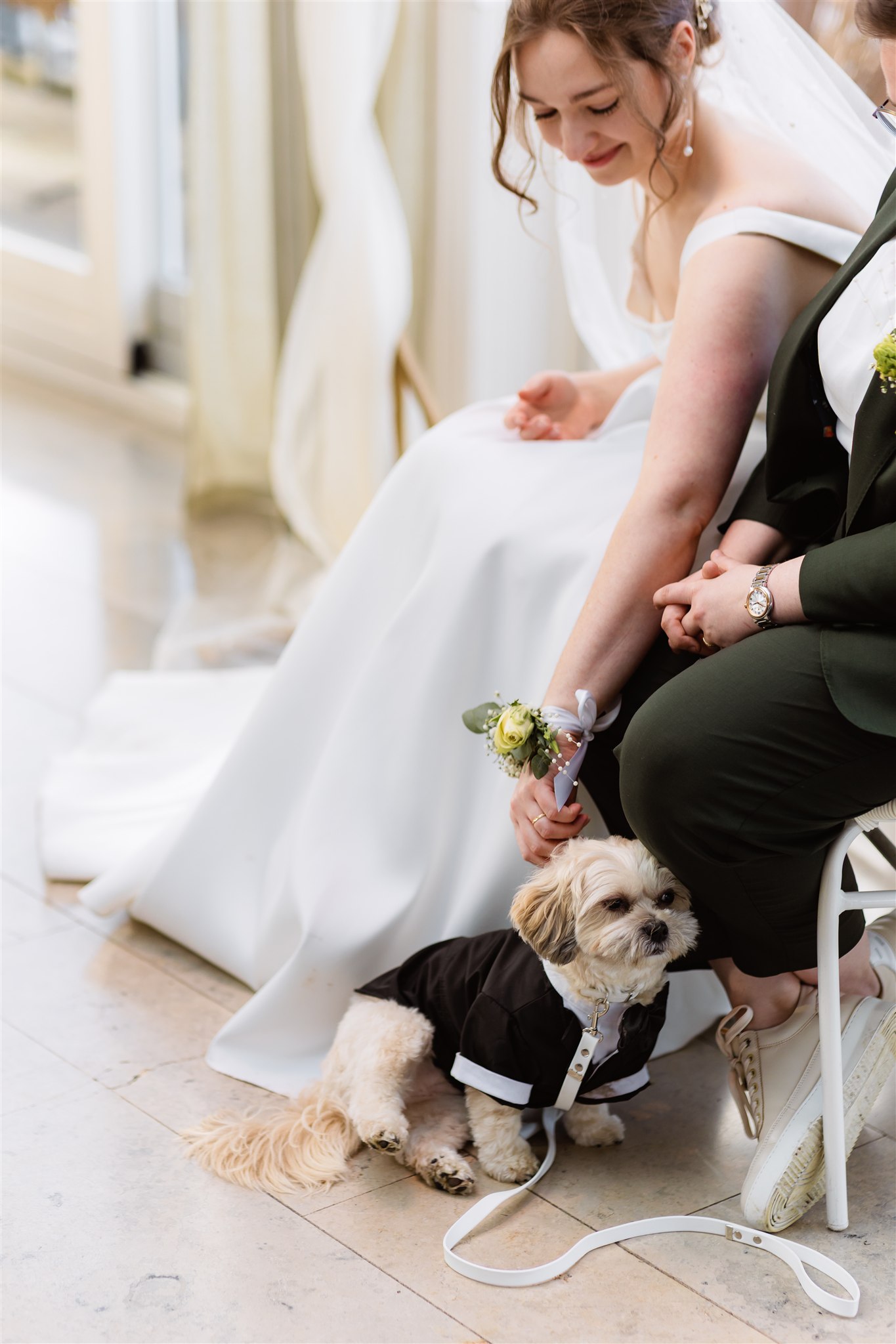 Een klein hondje in smoking zit op de grond naast de bruid tijdens de ceremonie bij de Paalkoepel in Groningen