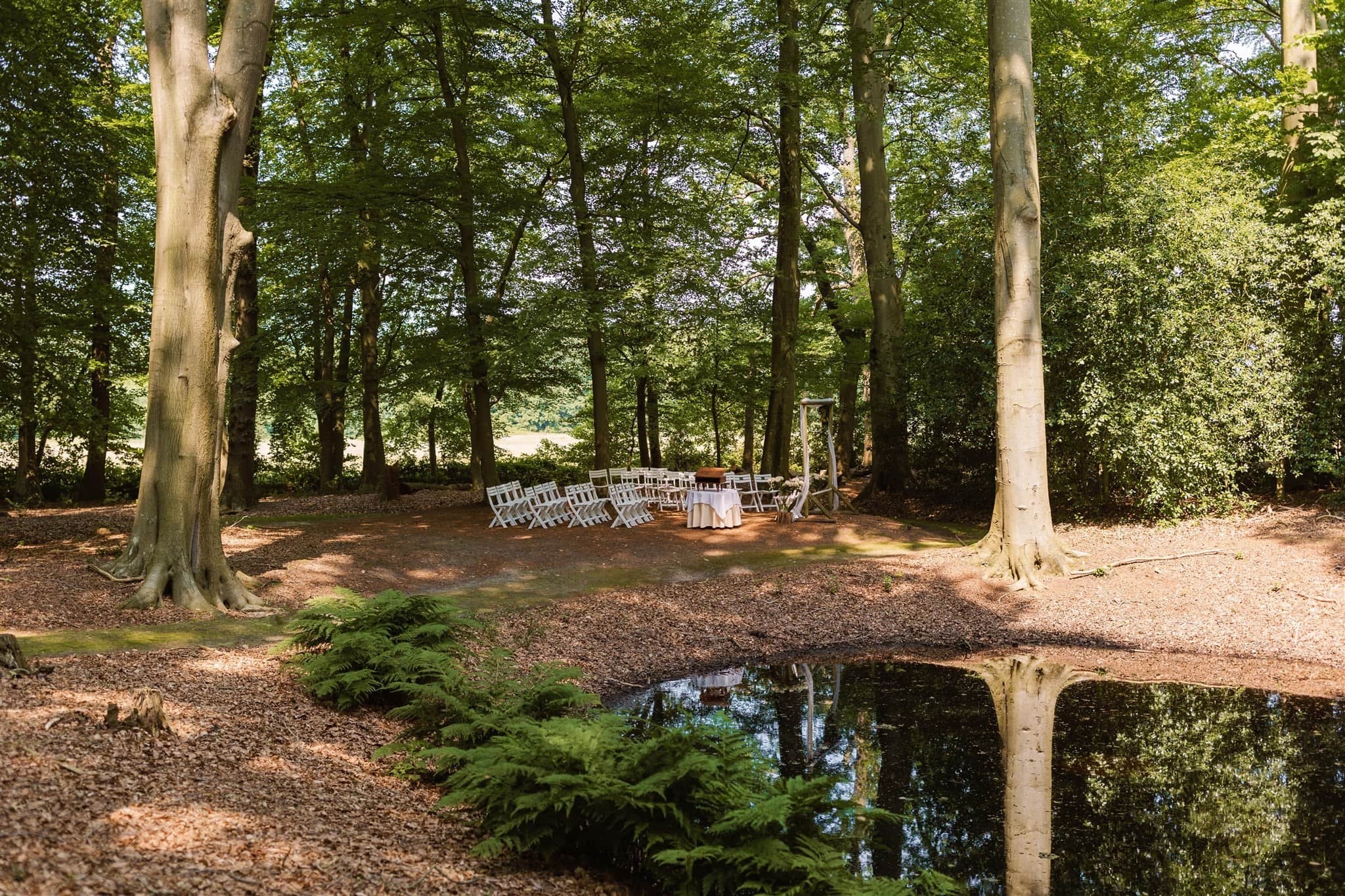 Ceremonieplek tussen de bomen op Landgoed Lemferdinge in Drenthe